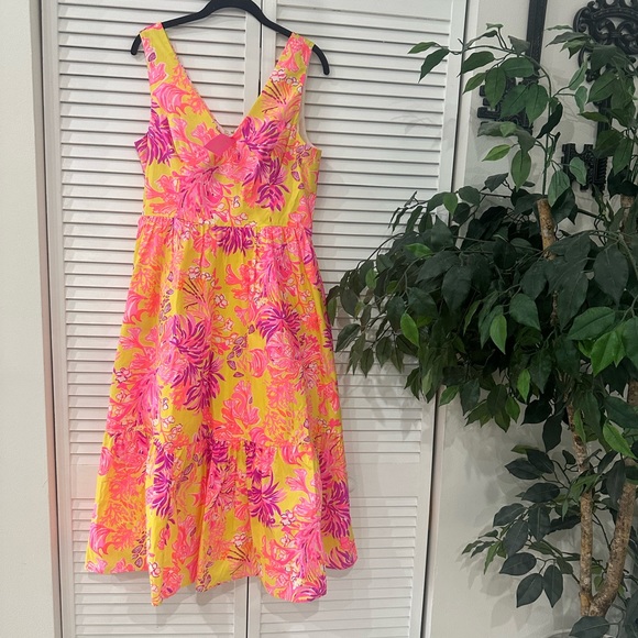 NWT Lilly Pulitzer Bri Midi Dress Yellow Floral Coral Sz 10 $258 Retail - Picture 5 of 6